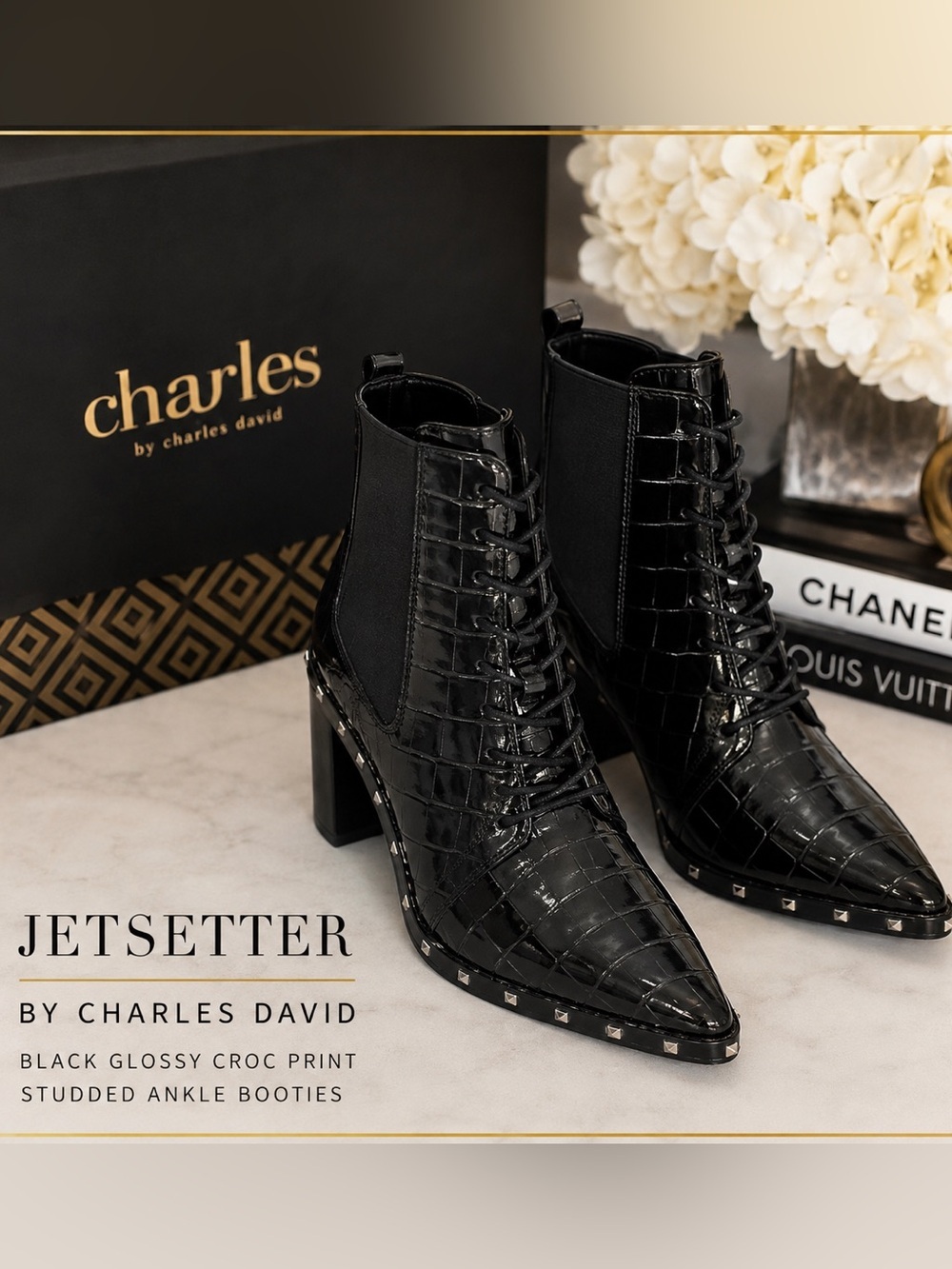 NWT Charles by Charles David Jetsetter Black Glossy Croc Studded Ankle Boots .